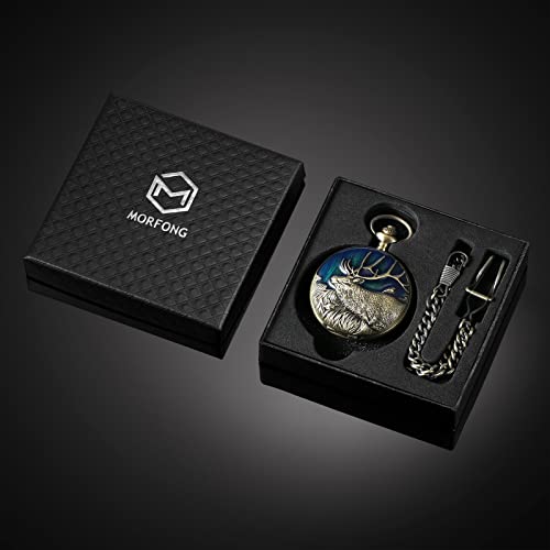 Image of MORFONG Vintage Deer Design Pocket Watch Quartz Watches for Men Women Birthday Christmas Gifts with Box Chain