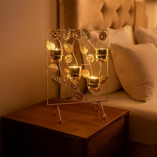 Image of MARKET 99 Metal 4 Votive T- Light Holder | Elegant Home Decor For Diwali, Christmas, Birthday, and Wedding | Decorative Candle Holder for Ideal for Festive & Ambient Lighting | Golden