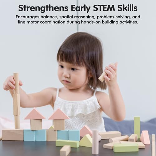 Image of PlanToys 40 Piece Unit Block Building and Construction Block Set (5507) | Pastel Color Collection |Sustainably Made from Rubberwood and Non-Toxic Paints and Dyes
