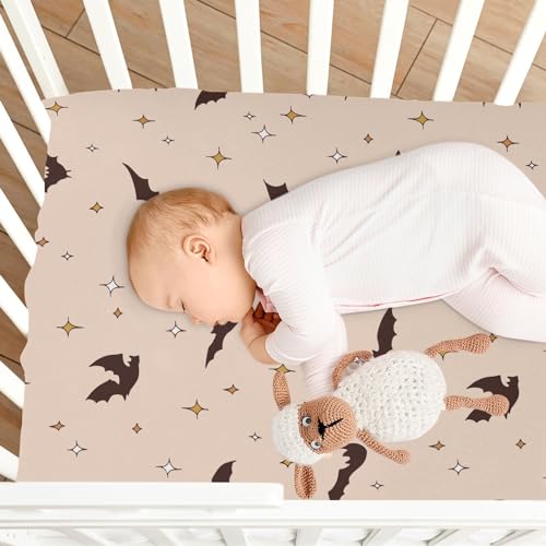Image of CaTaKu Boho Halloween Bat Crib Sheets for Baby Girls Boys,Neutral Mini Crib Mattress Sheets Fitted, Baby Nursery Bed Sheet for Crib Toddler Mattress 27 inchx 39 inch