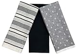 Black White Kitchen Hand Dish Towels: Oversized 28' x 16',100% Cotton Cloth Soft Cleaning Drying Absorbent Striped Solid Polka Dot Design, Set of 3 Multipurpose for Everyday Use (Black Austin)