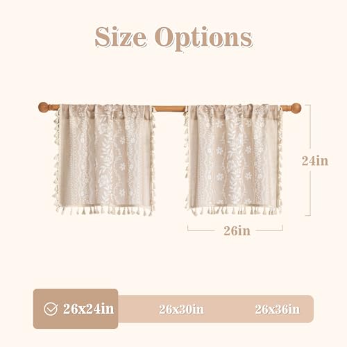 Image of MYSKY HOME Short Tiers Curtains 24 Inch Length Boho Floral Linen Blend | Small Cafe Window Tier Curtains for Farmhouse Vintage Drapes with Tassel Rod Pocket, Fog Taupe, 26 inch Wide, 2 Panels