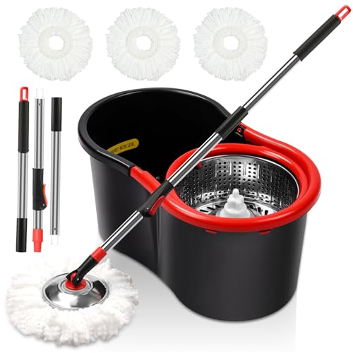 Spin Mop and Bucket with Wringer Set, 360° Spinning Mop Bucket System with 3 Microfiber Mop Replacement Heads and 51' Stainless Steel Adjustable Handle for Floor Cleaning (15QT)