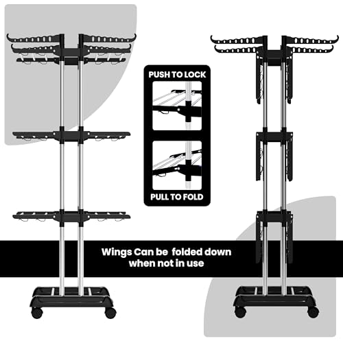 Image of Foldable Cloth Drying Stand Stainless Steel - 3 Tier Heavy-Duty Clothes Dryer for Balcony, Indoor & Outdoor Use | with Wheels & Hanger Slots | Rust-Proof Laundry Rack (Black 3 TIRE)