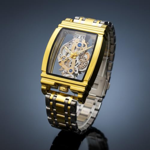 Image of ODXO Luxury Skeleton Mechanical Style Look Watch | Gold-Tone Stainless Steel Band, Transparent Dial Display | cronoworking Stainless Steel Luxury Men's Fashion Gents Watch Open dail |