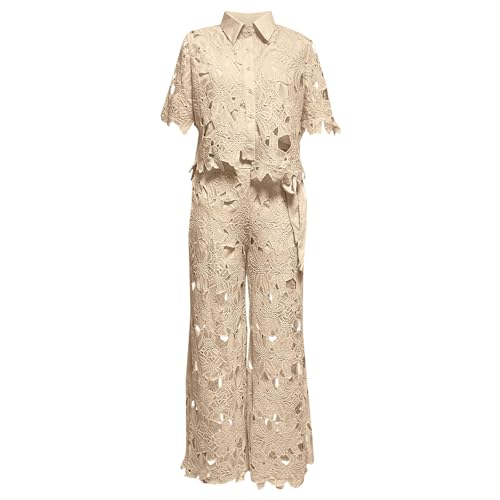 JOAU Yellow Women 2 Piece Outfits: Stylish Hollow Out Floral Lace Crop Shirt & Wide Leg Palazzo Pants Set - Image 5