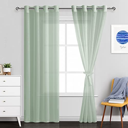 JIUZHEN Halbtransparente Vorhänge für Wohnzimmer - 243,8 cm lang mit Raffhaltern, lichtfilternde Ösen, Fenstervorhänge für Schlafzimmer/Büro, 132 x 244 cm, Set mit 2 Paneelen, Bohnengrün Cover