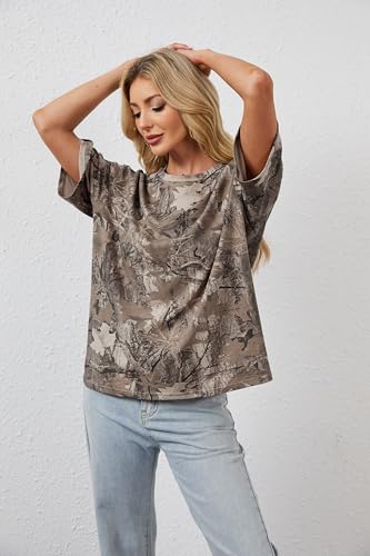 Image of MSBESYOR Camo Shirt for Women Maple Leaf Print Short Sleeve Crewneck T-Shirts Summer Oversized Tee Shirts Streetwear