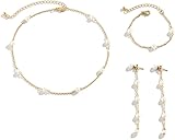 TTPSRY Conjunto Pendientes y Collar Mujer Perlas Dorado Cadena Fina Joyería Elegante Set Joyas Delicadas Accesorios Mujer Regalo Pulsera a Juego Bisutería Moderna