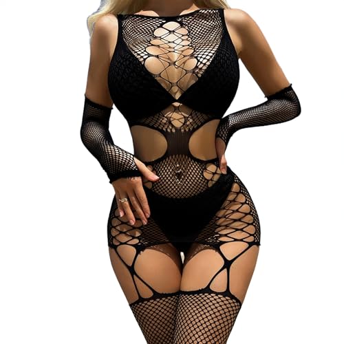 Aucute Damen Dessous ärmellose Netz-Bodystocking Sexy Rave Outfits, kreuz und quer gekreuzte hohle Mesh-Bodysuit-Strümpfe mit Handschuhen Schwarz