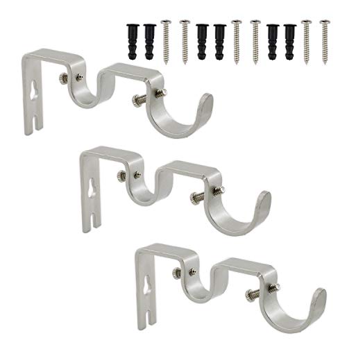 Double Curtain Rod Bracket,ULIFESTAR Adjustable Double Rod Holder,Heavy Duty Drapery Hooks Curtain Hooks for Drapes,1''+0.63''Rod Brackets Wall-Mounted Metal Curtain Hangers 3 Pack Silver