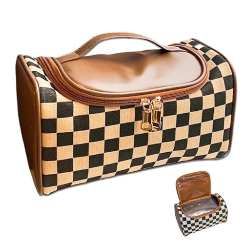 Image of Waztyuk Checkered Makeup Bag Travel Purse Toiletry Bag Women Cute Cosmetic Case Portable Hanging Organizer for Essentials (Brown)