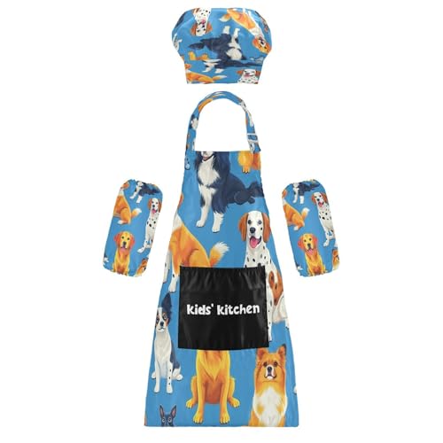 Bulletgxll Different Dogs Kids Apron and Chef Hat Set Adjustable Bib Aprons with Pockets for Cooking Baking Painting
