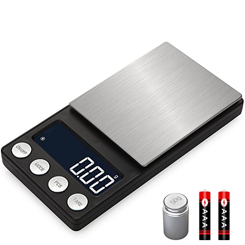 Pocket Scale 200g x 0.01g, Portable Digital Kitchen Scale, Pocket Scale for Gold, Jewelry, Herbs, Food and Coffee with Backlit LCD Display (with Battery and Weight)