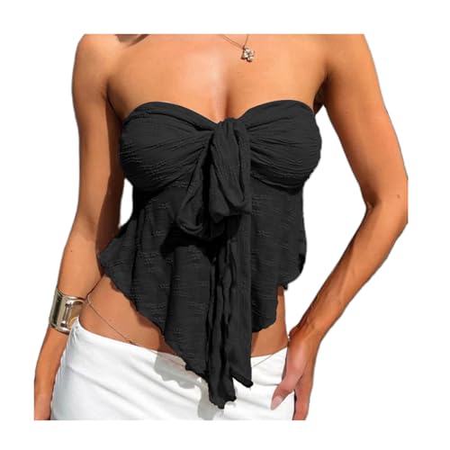 Women Y2k Strapless Top Twist Knot Ruffle Hem Off Shoulder Tube Vest Backless Solid Fashion Clothes