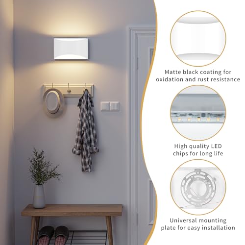 Image of White Modern LED Wall Sconce, 3 Colors Hardwired Indoor Wall Lights | 3000K /4000K /6000K, 10W Up and Down Wall Mount Light with Memory Function, Wall Lamp for Bedroom Living Room Hallway Corridor