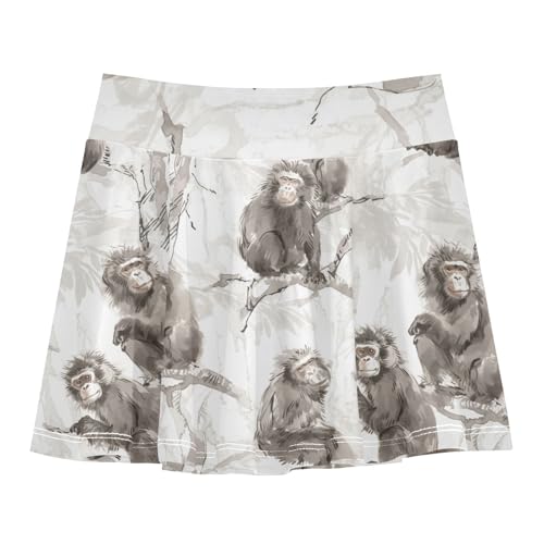 visesunny Girl's Golf Skirt Athletic Watercolor Tree Macaque Tennis Skort Sport Activewear with Double Layer Pockets