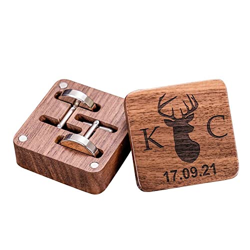 KEMEILA Gemelos redondos de madera con caja de madera de lujo para hombres, gemelos de piedra marrón personalizados, regalo para padrino, gemelos de madera, grabados con tu texto personalizado, 20 x