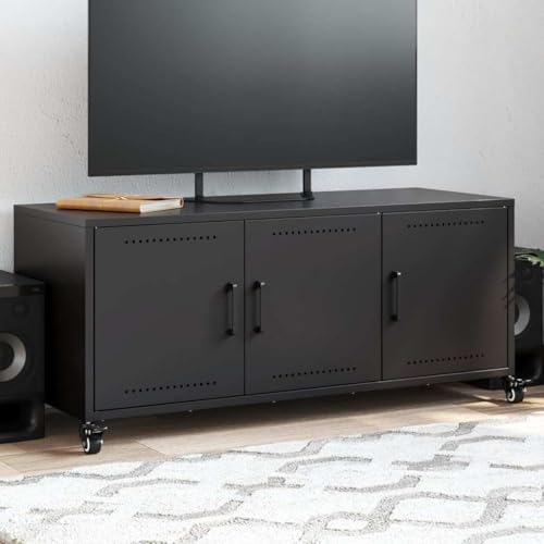 Teenpull Mueble de TV negro 100,5 x 39 x 43,5 cm, acero resistente, con 3 puertas, ruedas, para salón, dormitorio, centro de entretenimiento