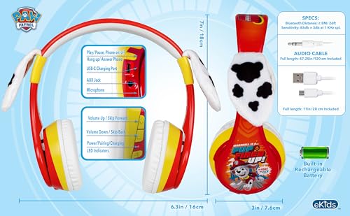 Image of Paw Patrol Marshall Bluetooth Headphones for Kids, Wireless Headphones | Volume Reduced and Built-in Microphone