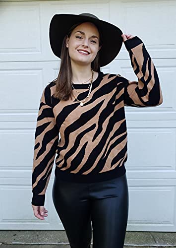 Kirundo Women's 2023 Fall Winter Casual Long Sleeve Crew Neck Zebra Striped Print Color Block Knit Sweater Pullover Tops(Zebra-Yellowish Brown, Small) #TOP1