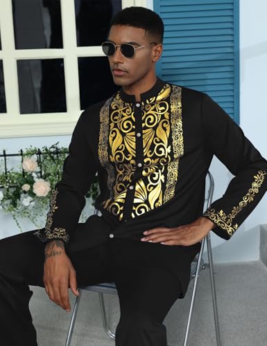 Mens African 2 Piece Sets Dashiki Metallic Traditional Suit Gold Stamp Printed Shirt and Pants Outfit3