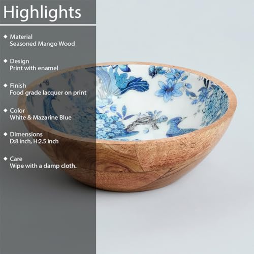 Image of SAAGA Printed Mango Wood Mixing Bowl | 8 x 2.5 Inch Large Wooden Serving Bowl for Salads, Fruits, Snacks, Curries & Desserts | Handcrafted Kitchen & Dining Bowl | White & Mazarine Blue