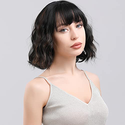 ZURO Black Bob Wig With Bangs Deep Wave Short Hair Wigs for Women Daily Use Purple Hot Pink Dark Brown Blonde Heat Resis