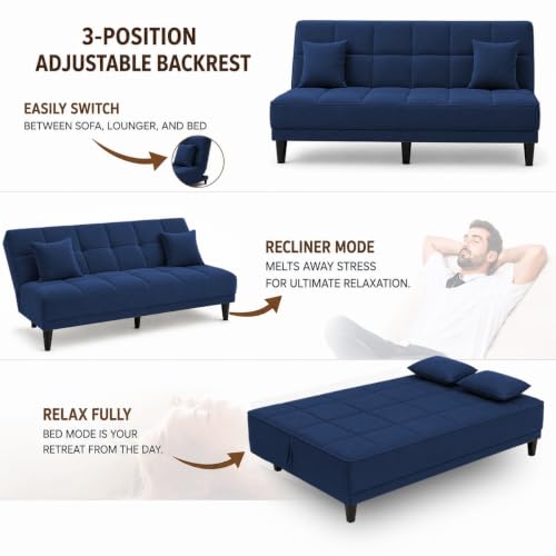 Image of Adorn India Alyssum 3 Seater Sofa Cum Bed 4X6 Velvet 2 Cushions (Color Blue) and Suitable for All Indoor, with 3 Years Warranty
