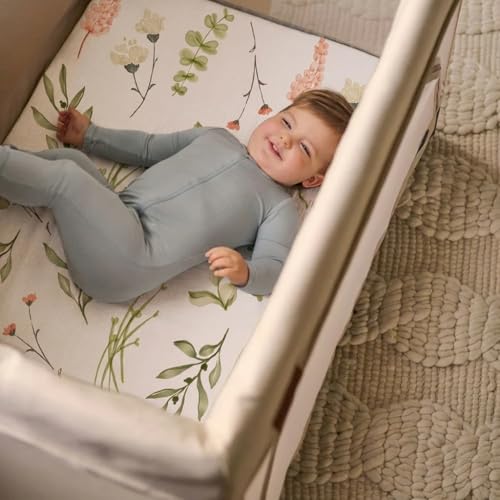 Image of Pack n Play Sheets, BROLEX 2 Pack Mini Crib Sheets,Stretchy Portable Fitted Playard Sheet Set, Convertible Playard Mattress Cover,Ultra Soft Breathable Material,Fawn & Flora