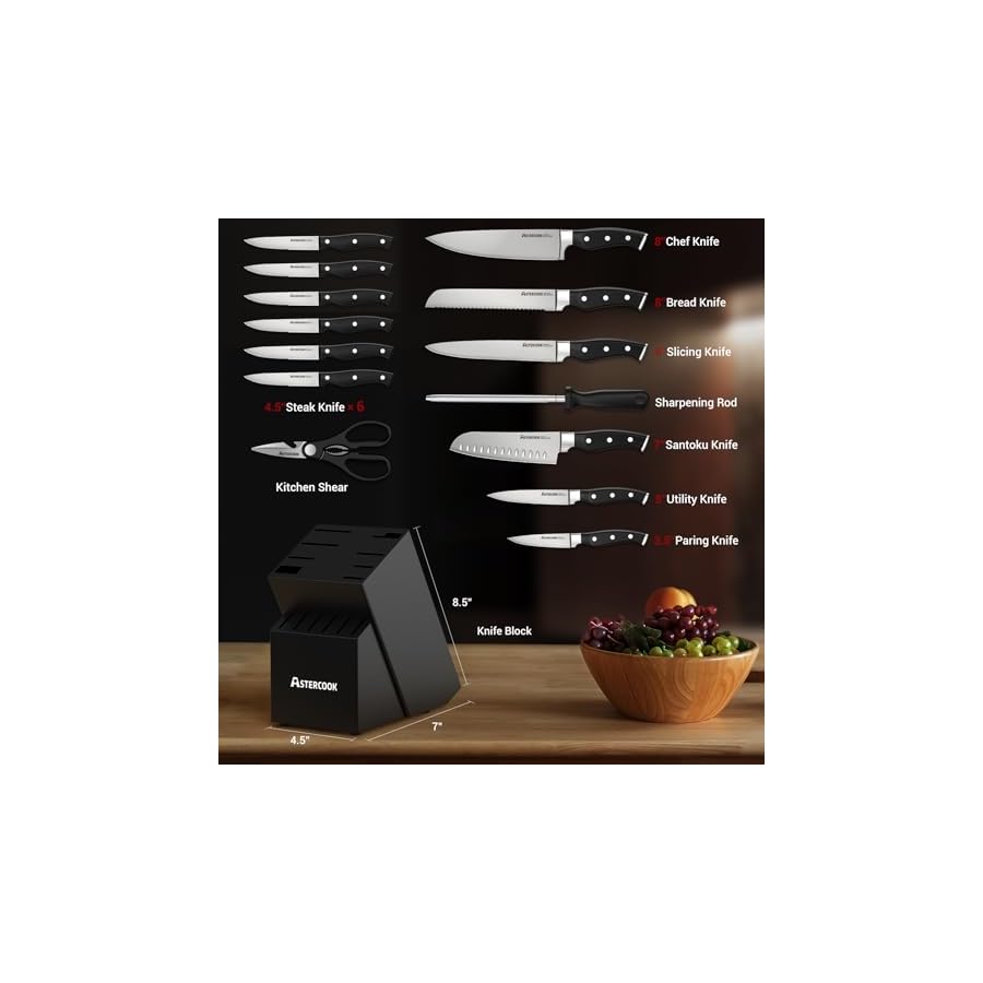 Knife Set, Astercook 15 Pcs Triple Rivet Kitchen Knife Set High Carbon Stainless Steel Knife Sets for Kitchen with Block, Dishwasher Safe, Black