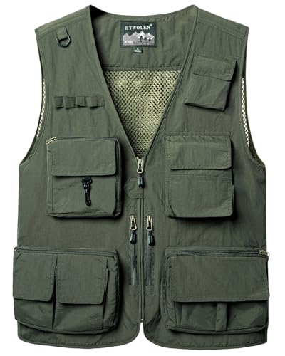 KTWOLEN Gilet da Pesca da Uomo Leggero Traspirante Panciotto ad Asciugatura Rapida Giubbino Multi-Tasca Giacca Senza Maniche per la Fotografia di Pesca in Campeggio Escursionismo, Verde, XL