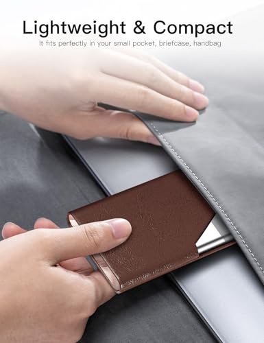 Image of Padike Business Card Holder, Upgraded Leather Business Card Case Pocket Card Holders for Men or Women, Metal Slim Name Card Holder RFID Blocking Business Card Carrier with Magnetic Closure (Z-Coffee)