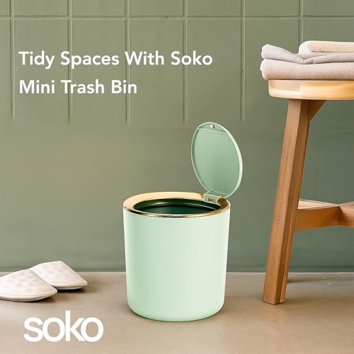 Image of Soko Cute Portable Mini Trash Can, Small One-Key Press Plastic Fancy Press-Top Desktop Dustbin Waste /Garbage Disposal For Home, Office, Bathroom, Bedroom, Kitchen, Work, Study Table - (Mint Green)