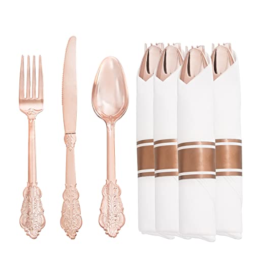 Liacere 120 Pcs Rose Gold Plastic Cutlery Set With Rolled Napkins - Premium Quality Rose Gold Plastic Utensils-Disposable Rose Gold Silverware- Include 30 Forks,30 Knives,30 Spoons,30 Napkins