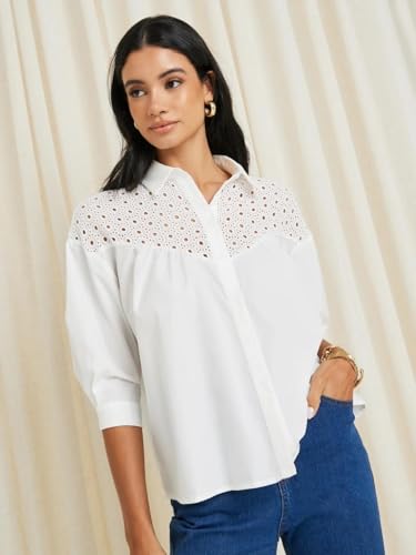 Image of Styli Women Schiffli Yoke Extended Sleeves Spread Collar Relaxed Fit Casual Shirt | Stylish Casual Shirt for Office, Party Outfits