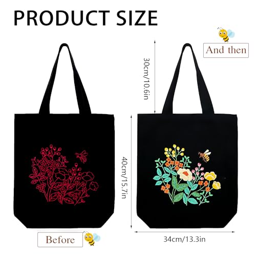 Image of Canvas Tote Bag Embroidery Kit, Beginner Embroidery Kit for Adults, Hand Embroidery Starter kit with Floral Pattern, Arts and DIY Crafts Embroidery Kits , Cross Stitch Kit with Embroidery Bag and Tool