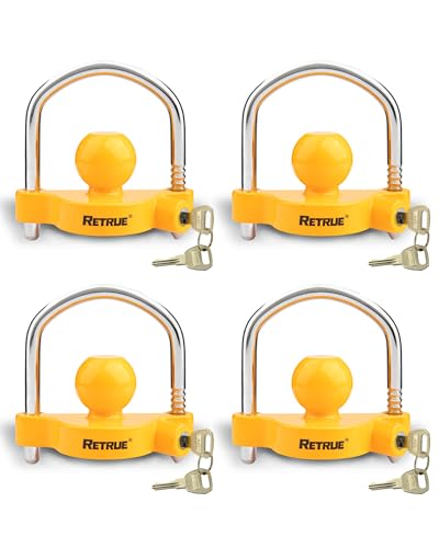 Image of RETRUE Universal Coupler Lock Trailer Locks Ball Hitch Trailer Hitch Lock Adjustable Security Heavy-Duty Steel Fits 1-7 /8 Inch, 2 Inch, 2-5 /16 Inch Couplers, Yellow, Lightweight (4 Pack Keyed Alike)