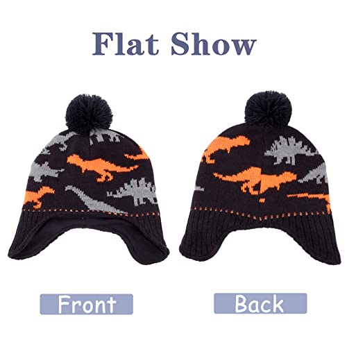 Image of ACTLATI Winter Dinosaur Boy Winter Hat Scarf Mittens Set Warm Beanies Earflap Fleece Pompom Lining Cap for Toddler Kids