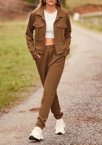 Image of PRETTYGARDEN Womens Two Piece Sets Fall 2026 Long Sleeve Button Down Shacket Jacket Long Sweatpants Tracksuit Winter Clothes