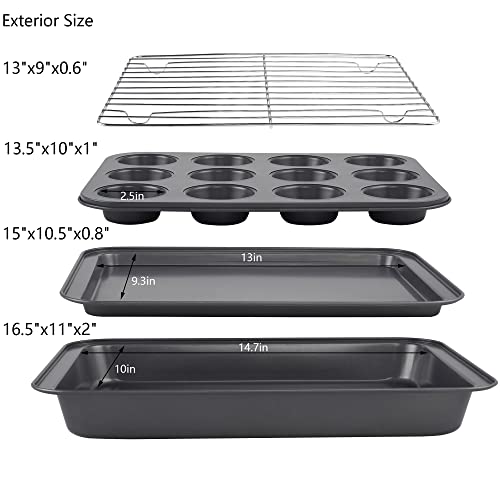 Kitcom Bakeware Sets Nonstick, Baking Pans Set With Roasting Pan, Cookie Sheet, 12-Cup Muffin Pan, Cooling Rack, Carbon Steel 4-Piece, Gray #TOP1