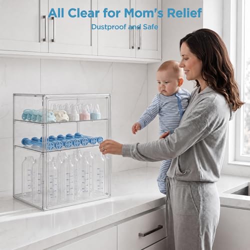 Image of HBlife Baby Bottle Storage Organizer for Countertop Cabinet, 3 Tiers Adjustable Clear Acrylic Bottles Storage Station Case Box Container with 2 Removable Dividers and Magnetic Door, X-Large