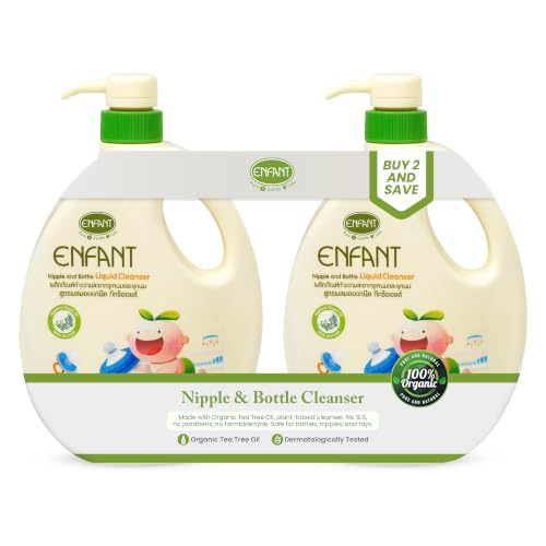 ENFANT Organic Nipple & Bottle Liquid Cleaner 700ML PUMP Liquid Cleanser For Baby Accessories Baby Bottles, Nipples, And Toys Containing Organic Tea Tree Oil Dermatologically Tested (Pack Of 2X700ML)