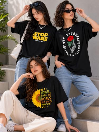 Image of London Hills Oversized Tshirt for Woman | t Shirt for Woman Oversized Fit Printed Round Neck | Tops for Woman's | Women t Shirt Loose Fit Drop Shoulder | t Shirts for Women | Western Tops