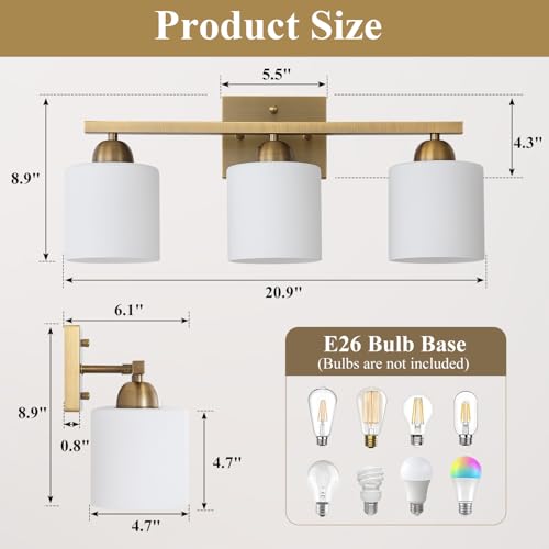 Image of Mecgirn Milk Glass Vanity Lights for Bathroom, 3 Light Brass Bathroom Light Fixtures Over Mirror, Ceramic E26 Sockets Wall Mounted