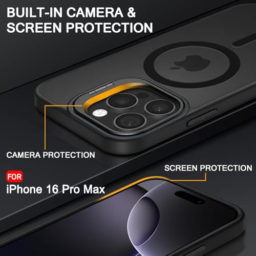 Image of TheGiftKart Hybrid Matte Frosted Back Cover Case for iPhone 16 Pro Max Compatible with MagSafe | Built-in Stand | Shockproof Hard Back Cover Case for iPhone 16 Pro Max (PC & TPU, Translucent Black)