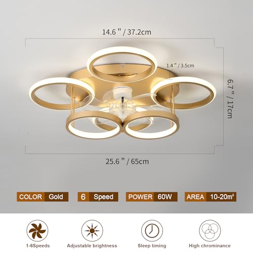 Anyeark Low Profile Ceiling Fan with Light Modern, Bedroom Ceiling Smart Fan with LED, Fandelier Ceiling Fan Flush Mount 25.6-inch, 3000K-6500K Stepless Color Change, Assembly Required (Gold) - image 5