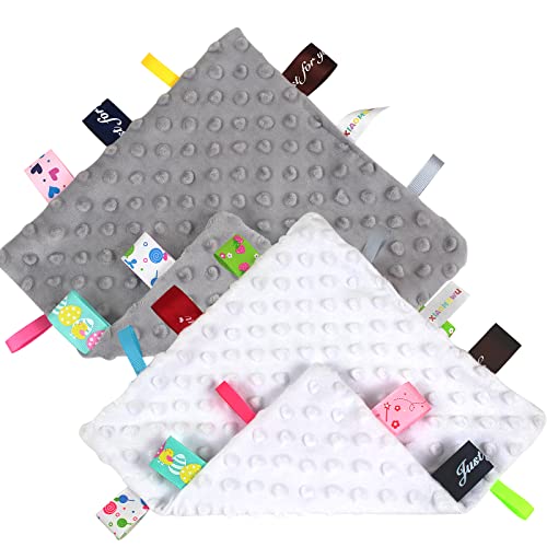 Image of XIAOMUWU Tag Security Blankets for Babies, Sensory Soothing Blanket for 3-12 Months Baby, Soft Minky Loveys Toys for Girls and Boys (Gray White)