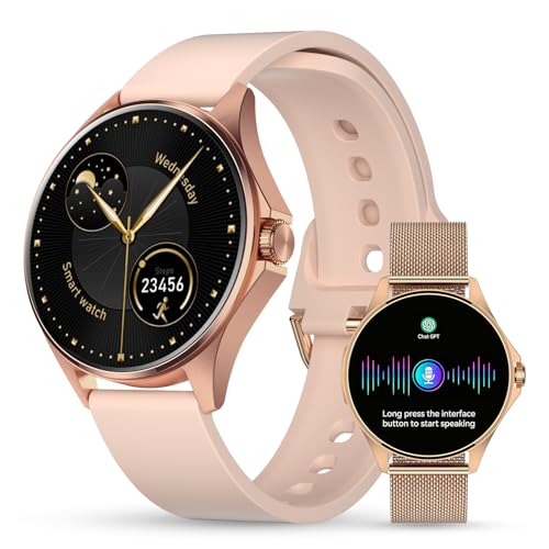Smartwatch Feminino Relógio Inteligente com IA Chatgpt, 1.32’’ AMOLED,iOS Android, IP68 Água, Frequência Cardíaca, Monitor de Sono, 100 Esportes, 2 Pulseiras silicone e couro