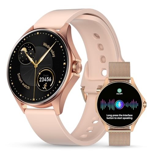Smartwatch Feminino Relógio Inteligente com IA Chatgpt, 1.32’’ AMOLED,iOS Android, IP68 Água, Frequência Cardíaca, Monitor de Sono, 100 Esportes, 2 Pulseiras silicone e couro Smartwatch Feminino Relógio Inteligente com IA Chatgpt, 1.32’’ AMOLED,iOS Android, IP68 Água, Frequência Cardíaca, Monitor de Sono, 100 Esportes, 2 Pulseiras silicone e couro